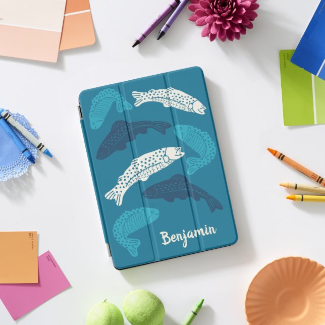 Personalized Blue and Cream Trout Fish iPad Pro Cover (Desk)