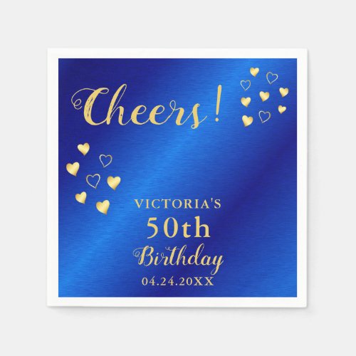 Personalized Blue and Gold Cheers 50th Birthday Napkins