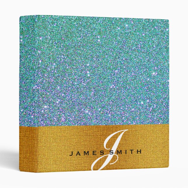 Personalized Blue and Gold Faux Confetti Glitter 3 Ring Binder (Front/Spine)