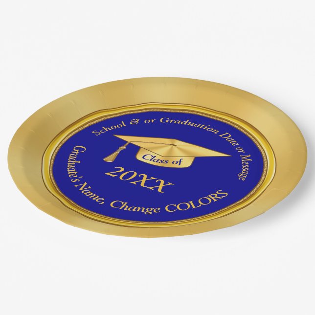 Personalized Blue and Gold Graduation Paper Plates (Angled)