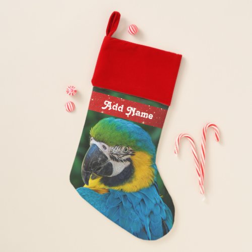 Personalized Blue and Gold Macaw Parrot Christmas Stocking