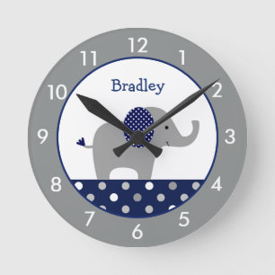 Personalized Blue and Gray Elephant Nursery Round  Clock