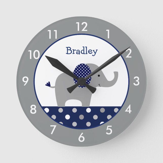 Personalized Blue and Gray Elephant Nursery Round  Clock (Front)