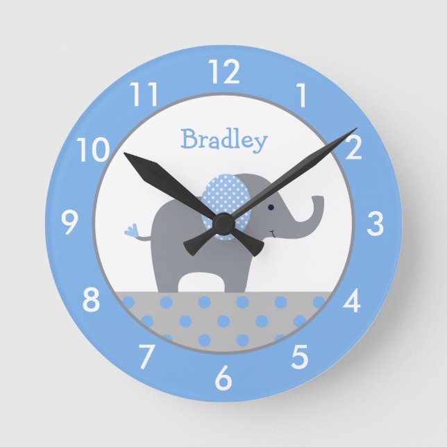 Personalized Blue and Gray Elephant Nursery Round  Clock (Front)
