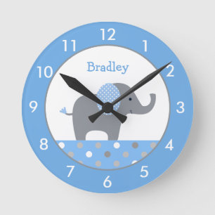 Personalized Blue and Gray Elephant Nursery Round  Clock