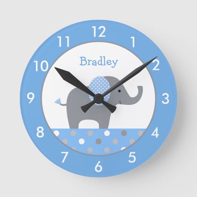 Personalized Blue and Gray Elephant Nursery Round  Clock (Front)