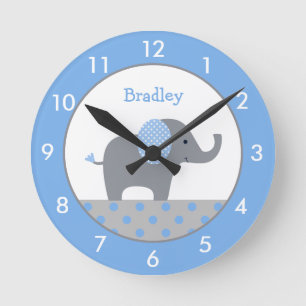 Personalized Blue and Gray Elephant Nursery Round  Round Clock
