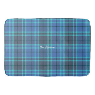 Personalized blue and gray preppy plaid tartan bath mat