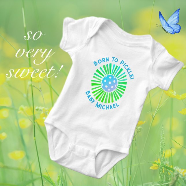 Personalized Blue and Green Pickleball  Baby Bodysuit (Baby was Born to Pickle! Personalize with your own message or names.)