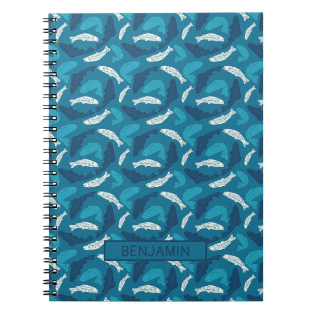 Personalized Blue and Ivory Trout, Fish Patterned Notebook (Front)