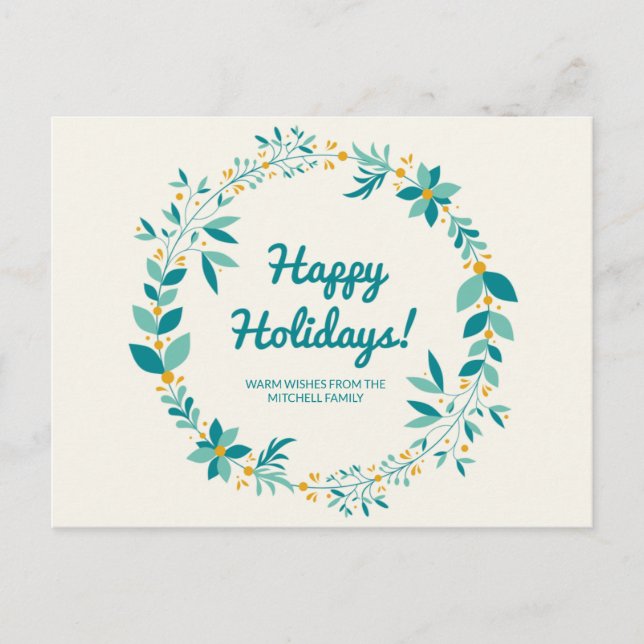 Personalized - Blue and Mint Wreath Holiday Postcard (Front)