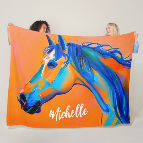 Personalized Blue and Orange Abstract Horse Art Fleece Blanket