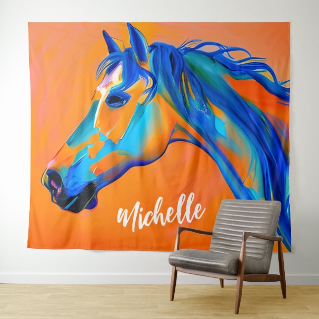 Personalized Blue and Orange Abstract Horse Art Tapestry (In Situ (Horizontal))