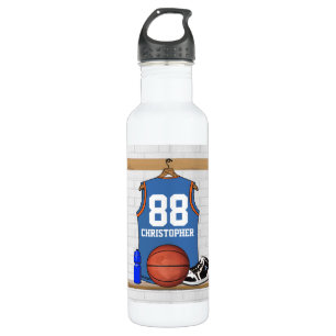 Personalized blue and orange basketball jersey water bottle