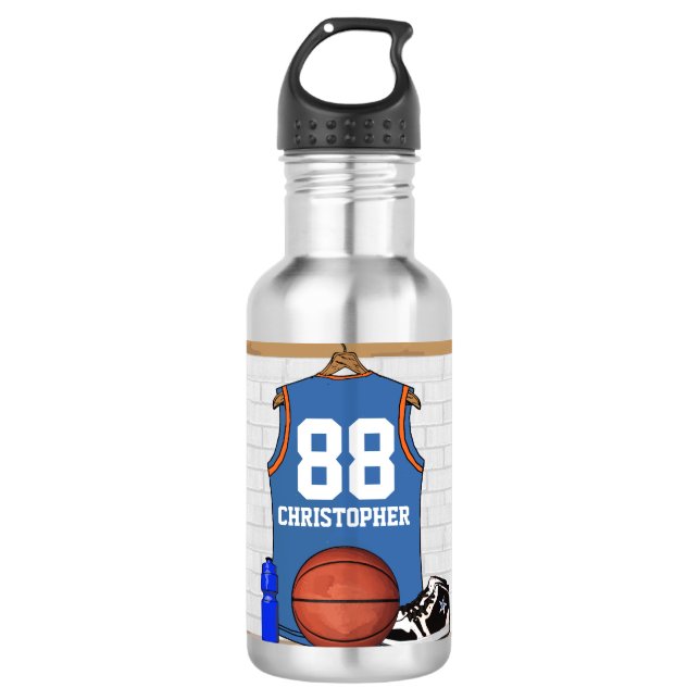 Personalized blue and orange basketball jersey water bottle (Front)