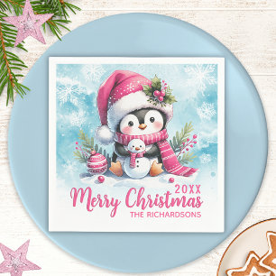 Personalized Blue and Pink Penguin Merry Christmas Napkins