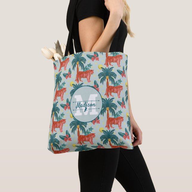 Personalized Blue and Pink Tropical Tiger Pattern Tote Bag (Close Up)