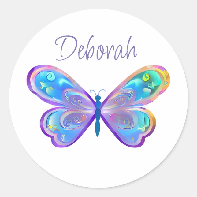 Personalized Blue and Purple Butterfly Classic Round Sticker (Front)