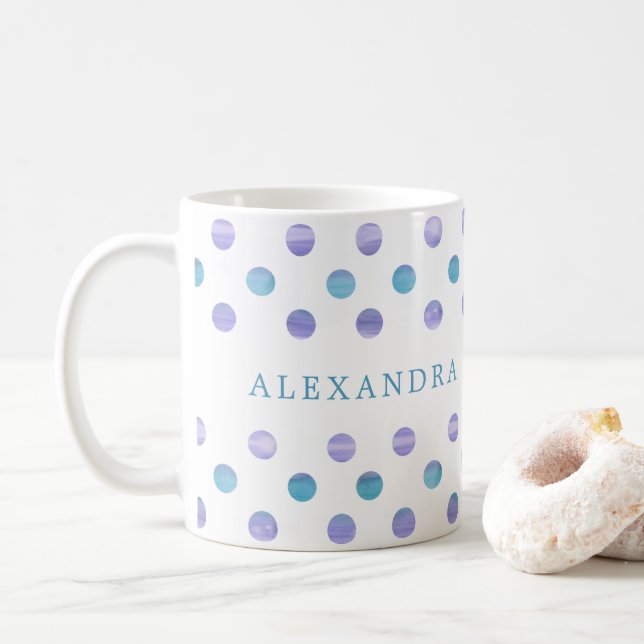 Personalized Blue and Purple Watercolor Polka Dots Coffee Mug (With Donut)