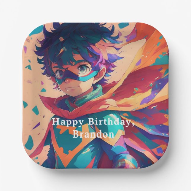 Personalized Blue and Red Anime Superhero Boy  Paper Plates (Front)