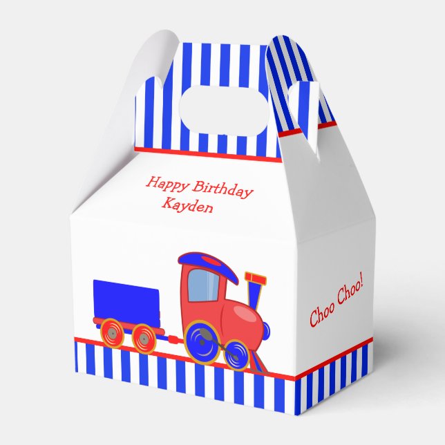 Personalized Blue and Red Train Birthday Favor Box (Front Side)