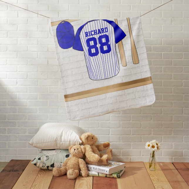 Personalized Blue and White Baseball Jersey Baby Blanket (In Situ)