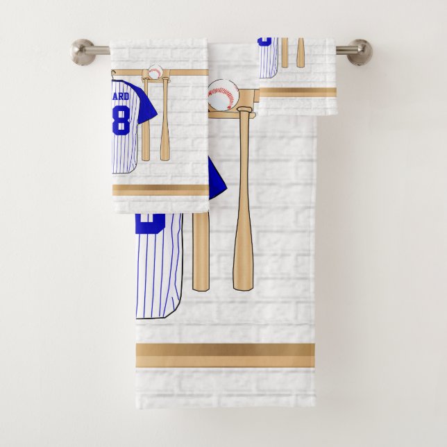 Personalized Blue and White Baseball Jersey Bath Towel Set (Insitu)