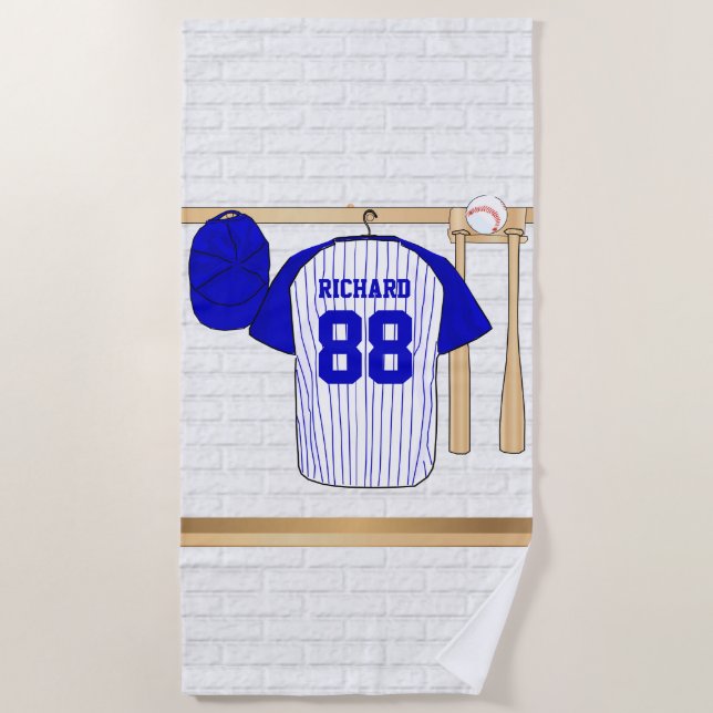 Personalized Blue and White Baseball Jersey Beach Towel (Front)