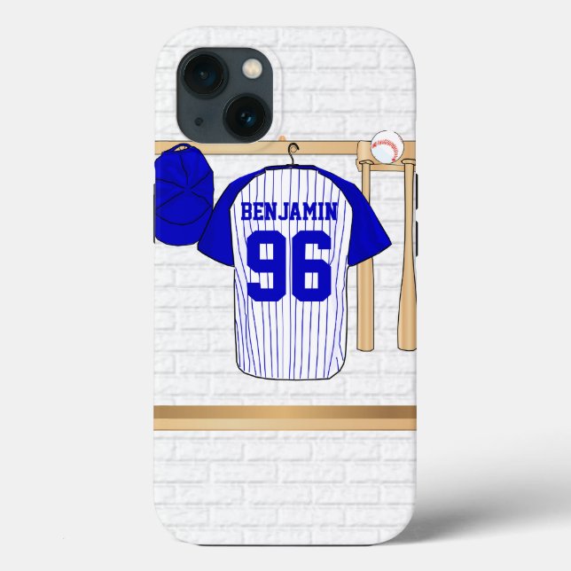 Personalized Blue and White Baseball Jersey Case-Mate iPhone Case (Back)