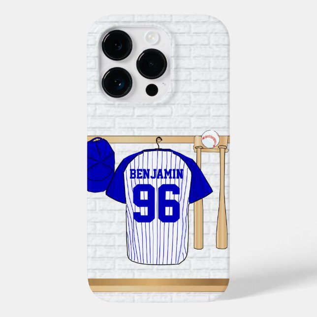Personalized Blue and White Baseball Jersey Case-Mate iPhone Case (Back)