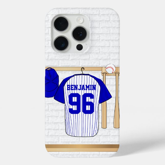 Personalized Blue and White Baseball Jersey Case-Mate iPhone Case (Back)