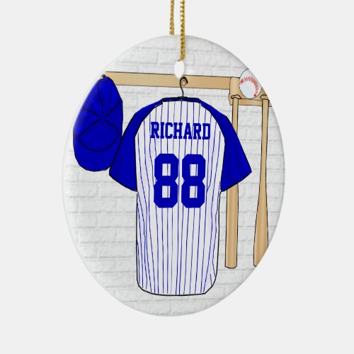 Personalized Blue and White Baseball Jersey Ceramic Ornament
