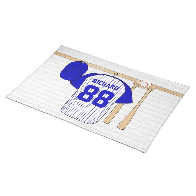 Personalized Blue and White Baseball Jersey Cloth Placemat (On Table)