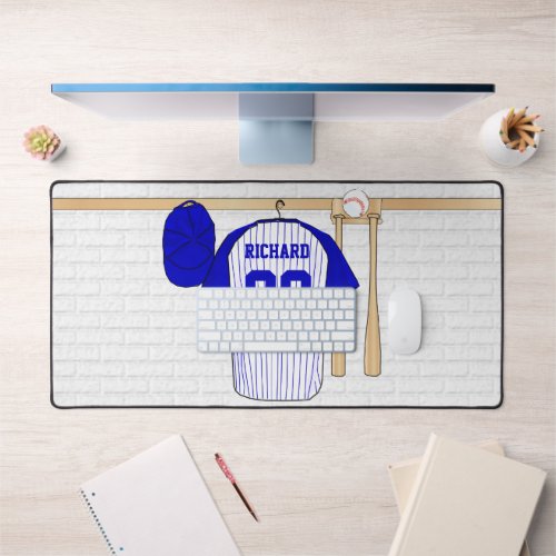 Personalized Blue and White Baseball Jersey Desk Mat