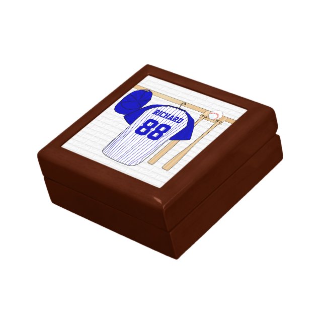 Personalized Blue and White Baseball Jersey Jewelry Box (Side)