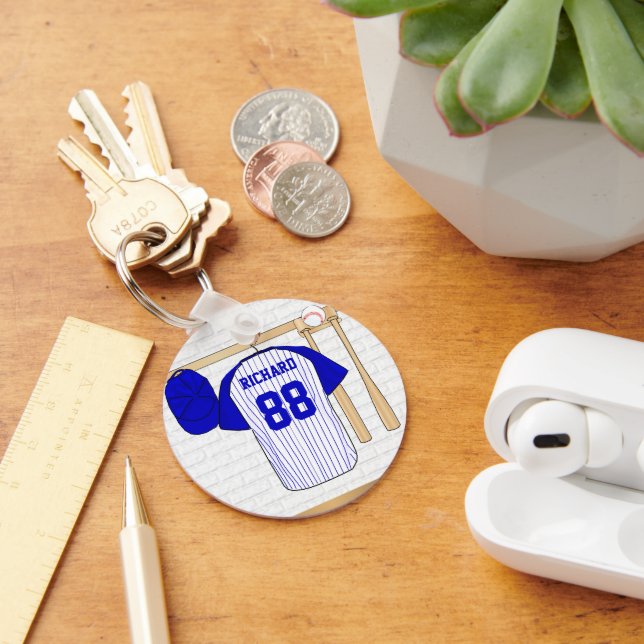 Personalized Blue and White Baseball Jersey Keychain (Desk)