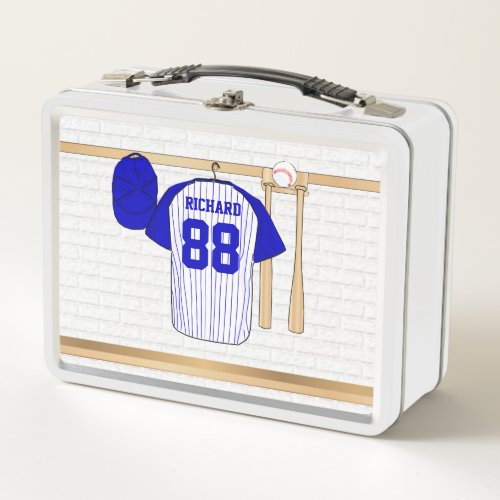 Personalized Blue and White Baseball Jersey Metal Lunch Box