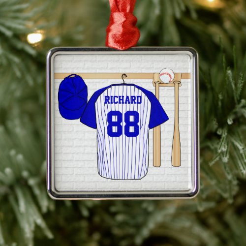 Personalized Blue and White Baseball Jersey Metal Ornament
