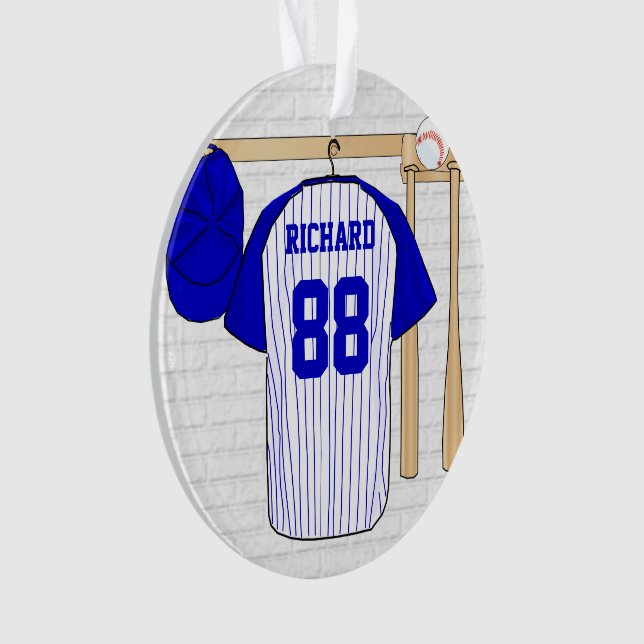 Personalized Blue and White Baseball Jersey Ornament (Front)