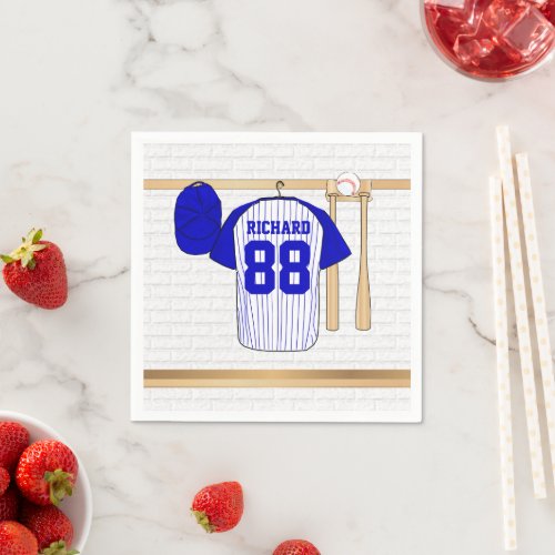 Personalized Blue and White Baseball Jersey Paper Napkins
