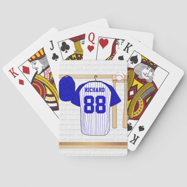 Personalized Blue and White Baseball Jersey Poker Cards (Back)