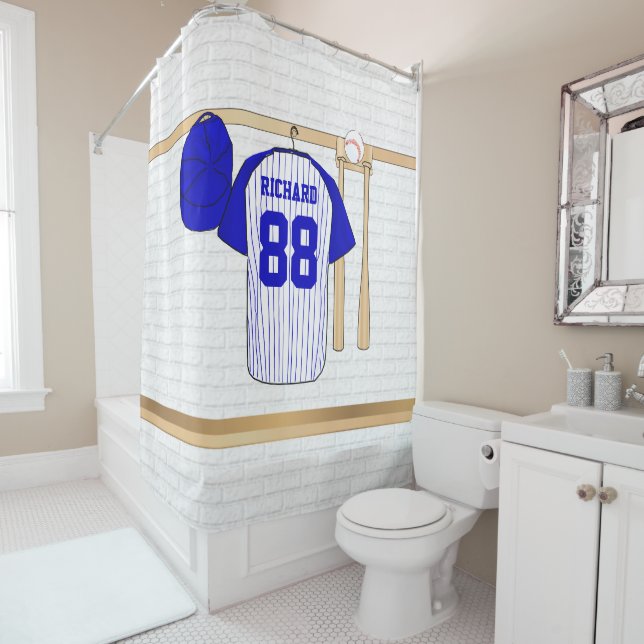 Personalized Blue and White Baseball Jersey Shower Curtain (In Situ)
