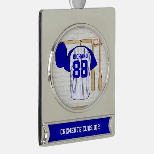 Personalized Blue and White Baseball Jersey Silver Plated Banner Ornament