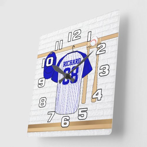 Personalized Blue and White Baseball Jersey Square Wall Clock