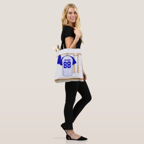 Personalized Blue and White Baseball Jersey Tote Bag