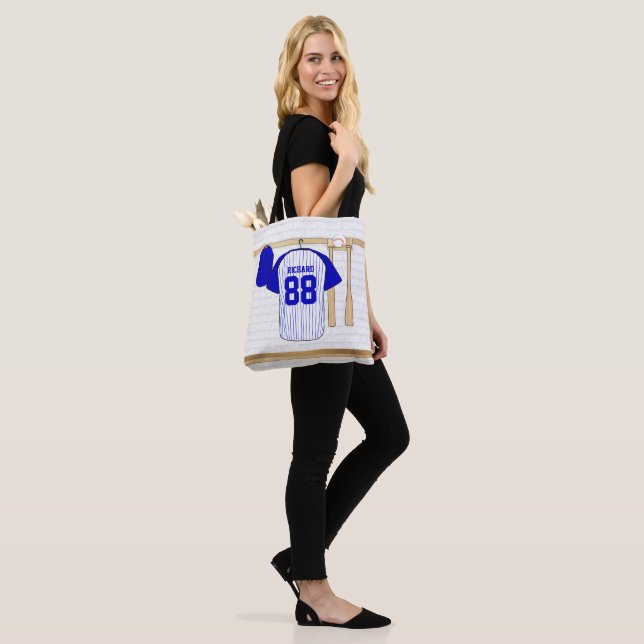 Personalized Blue and White Baseball Jersey Tote Bag (On Model)