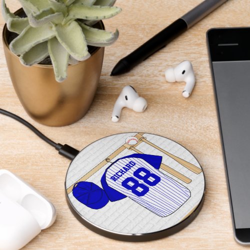 Personalized Blue and White Baseball Jersey Wireless Charger