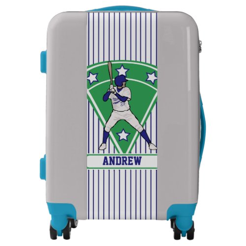 Personalized blue and white baseball luggage