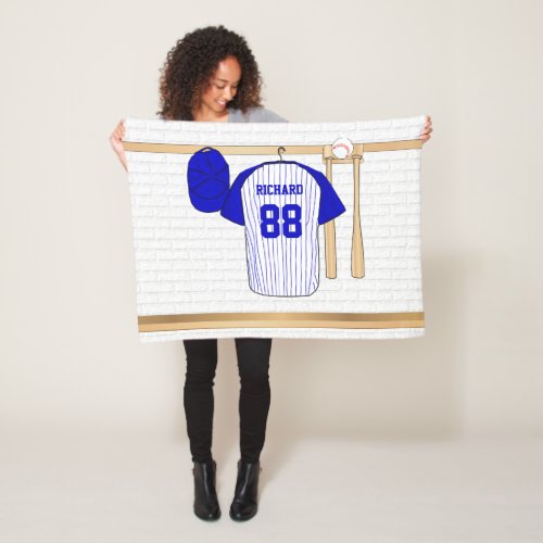 Personalized Blue and White Baseball t_ball Fleece Blanket