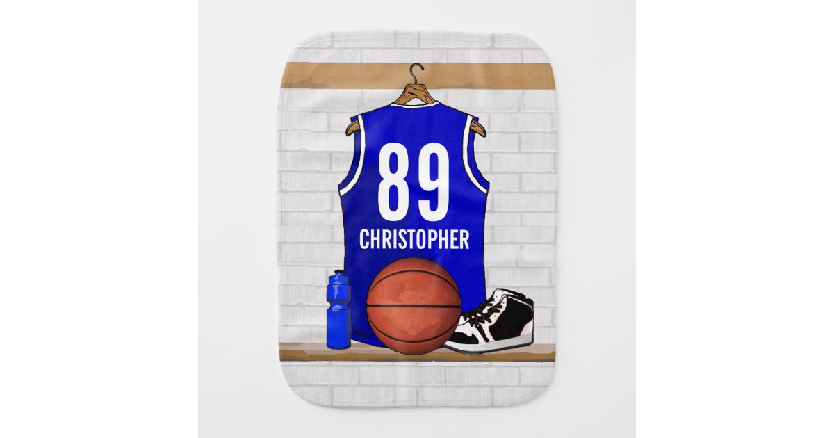 Personalized Blue And White Basketball Jersey Baby Burp Cloth